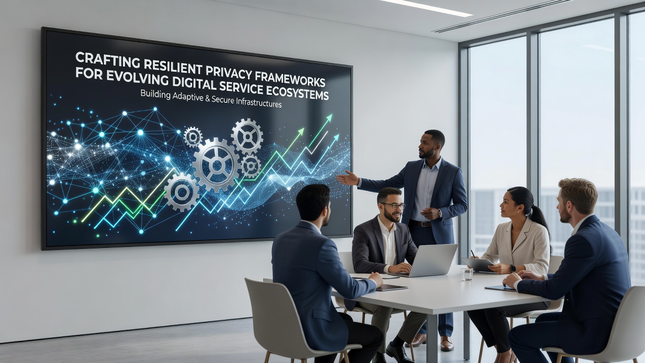 Team of professionals reviewing privacy compliance documentation on digital screens in a modern office setting