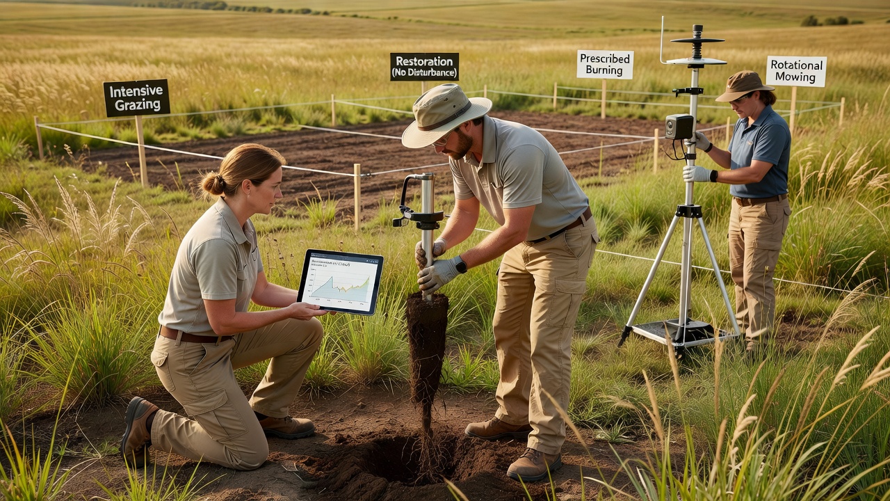 Close-up of grassland soil core samples used to measure carbon sequestration rates under different management practices