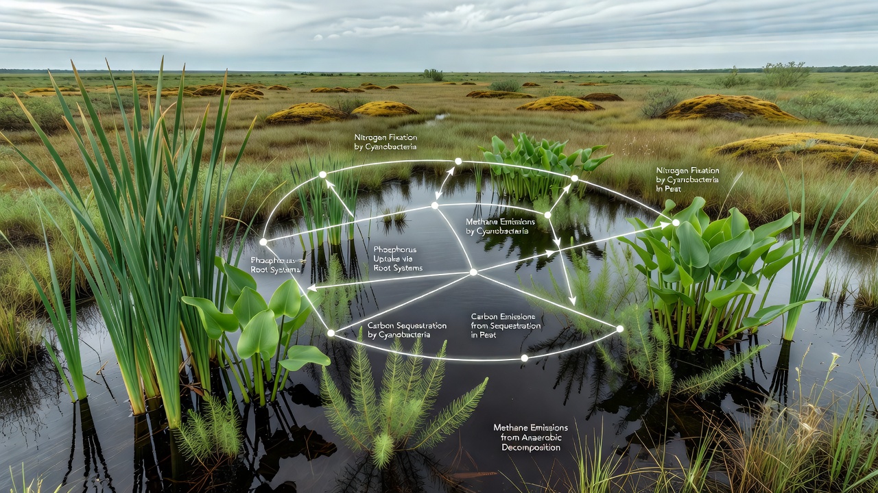 Close-up view of wetland plants and sediment layers illustrating nutrient exchange processes